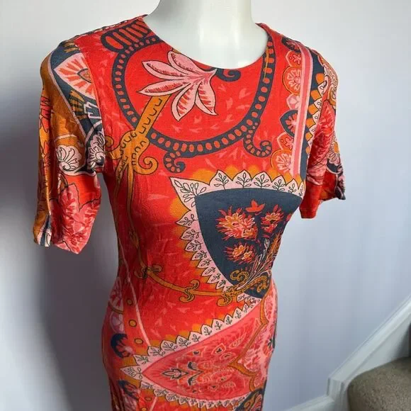 Farm Rio Red Orange Giannina Knit Paisley Midi Dress - Size XS - Picture 4 of 12